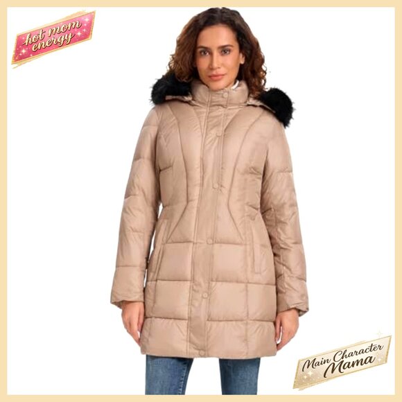 Women's Long Down Puffer Coat with Detachable Faux Fur Hood, Winter Parka - Picture 5 of 6